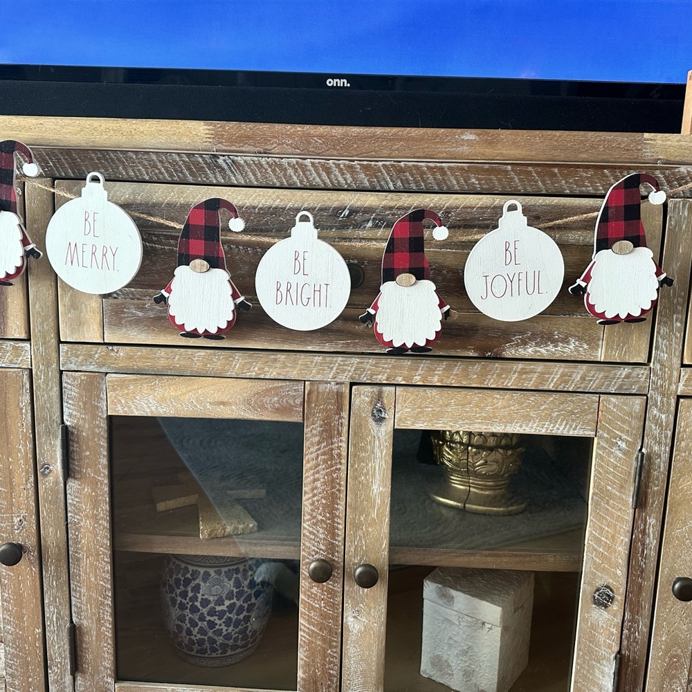 Rae Dunn Christmas Gnome and bulb twine and wood garland